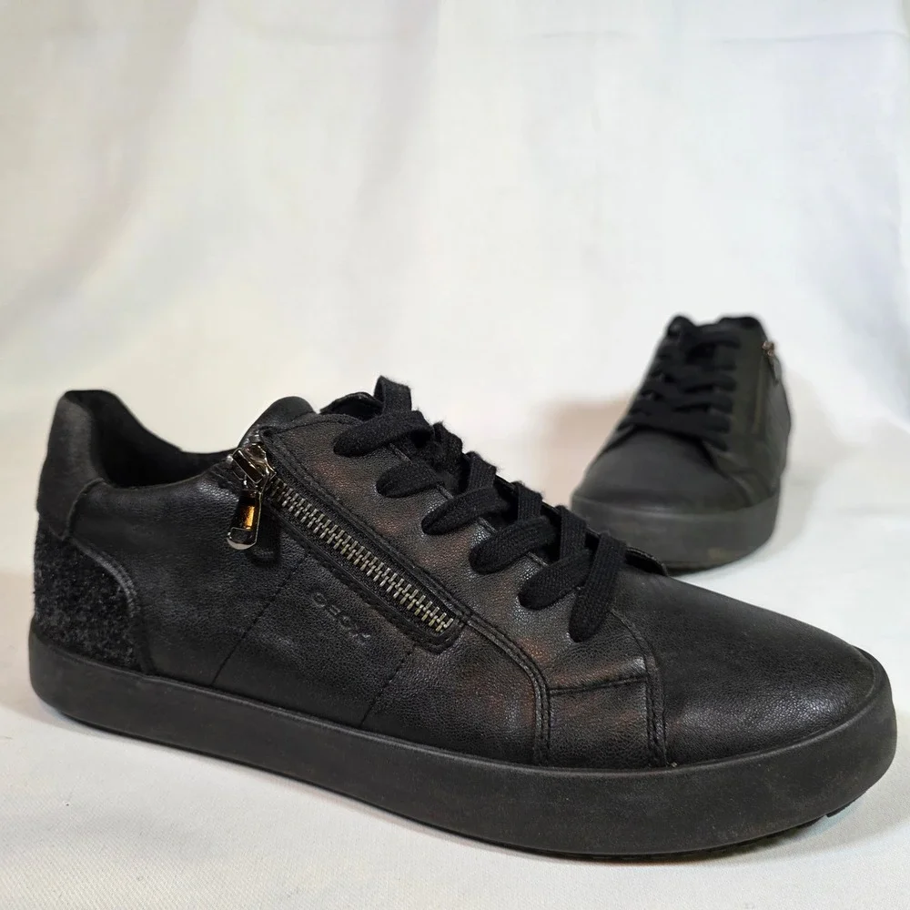 GEOX Respira Blomiee Black Leather‎ Glitter Zip Sneakers Womens 10 EUR 40